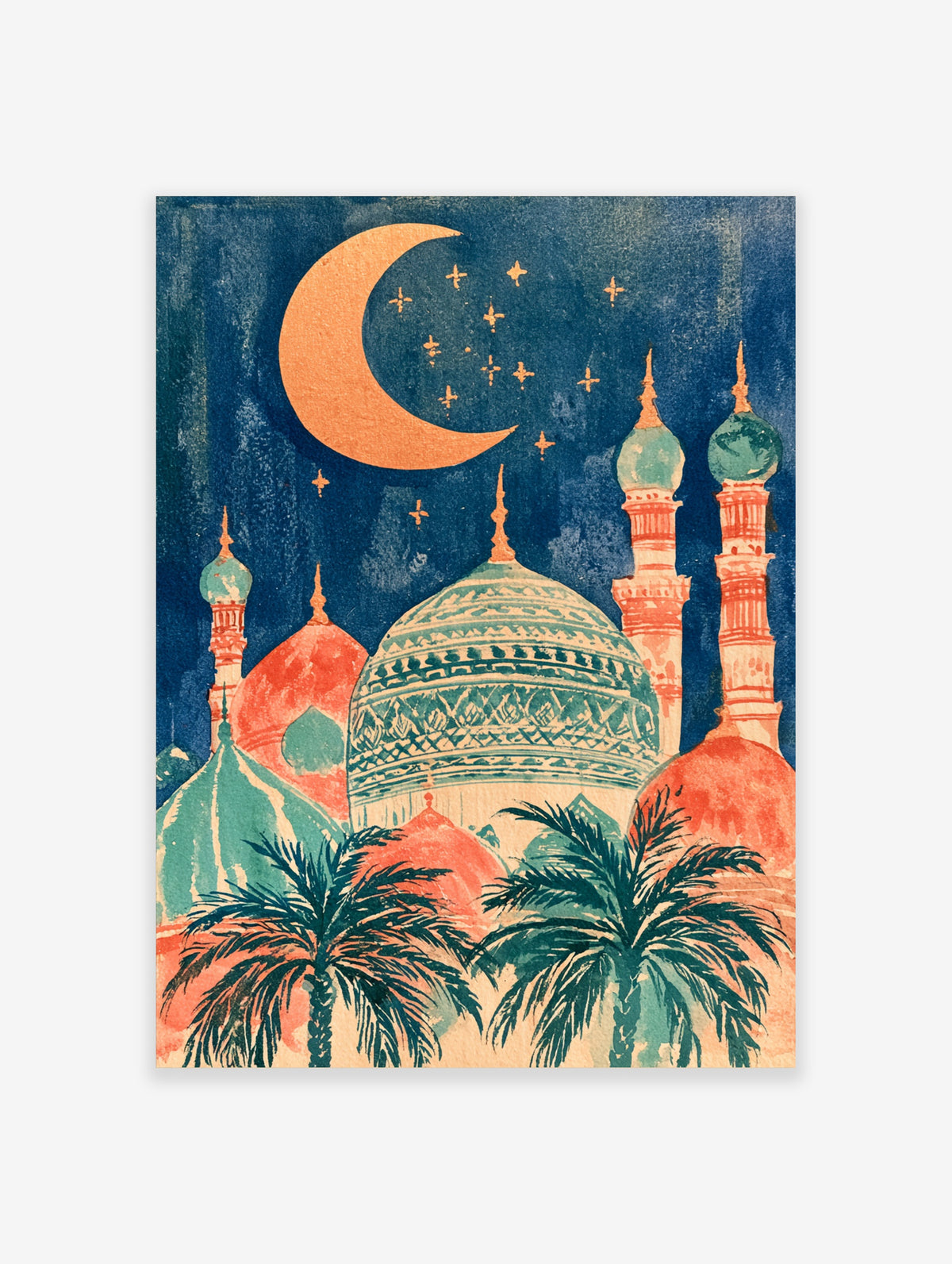 Navy mosque print with golden crescent moon, stars, coral domes, minarets, and palm trees