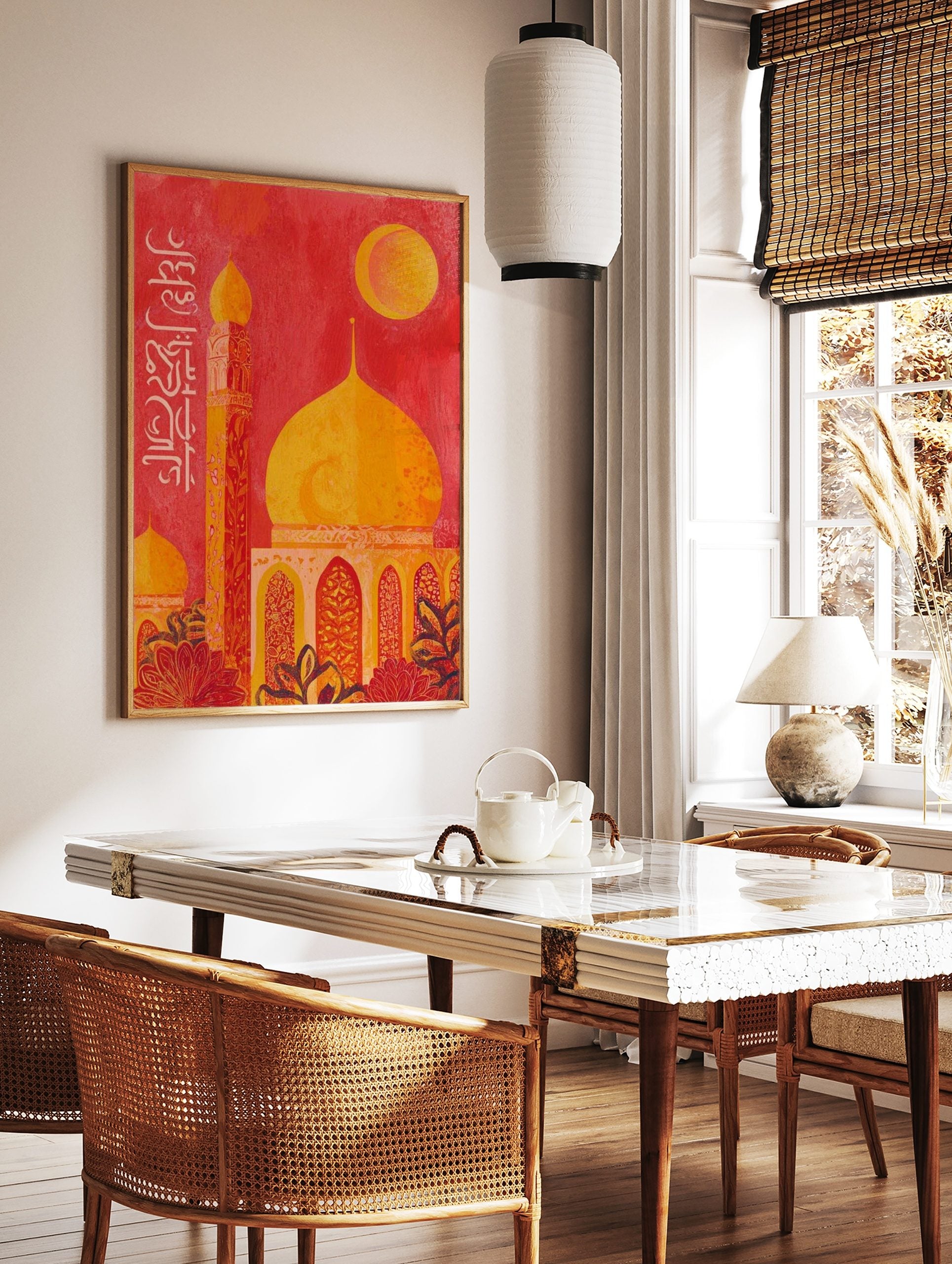 Islamic mosque wall art with golden dome, tall minaret, moon, and white Arabic calligraphy on a red, in a styled room mockup