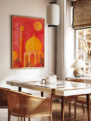 Islamic mosque wall art with golden dome, tall minaret, moon, and white Arabic calligraphy on a red, in a styled room mockup