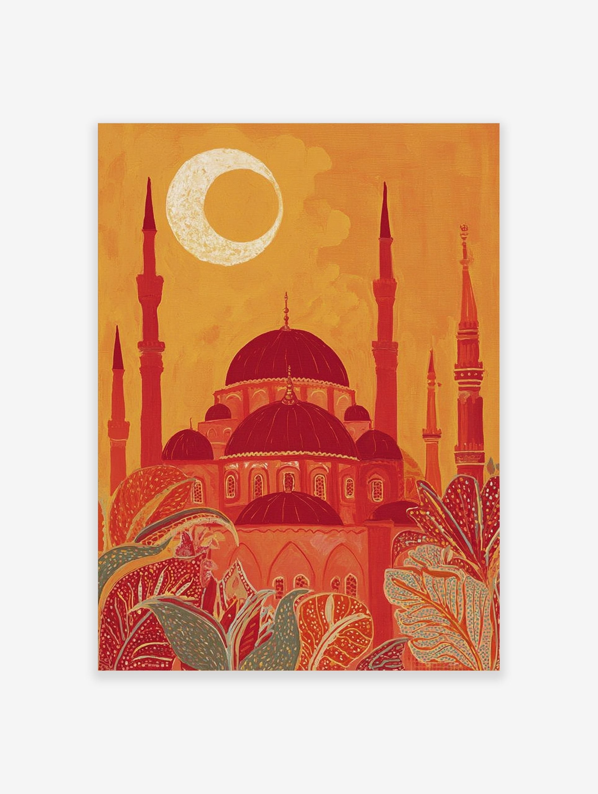Stylised Islamic mosque with red domes, minarets, and crescent moon against an orange sky, with patterned foliage