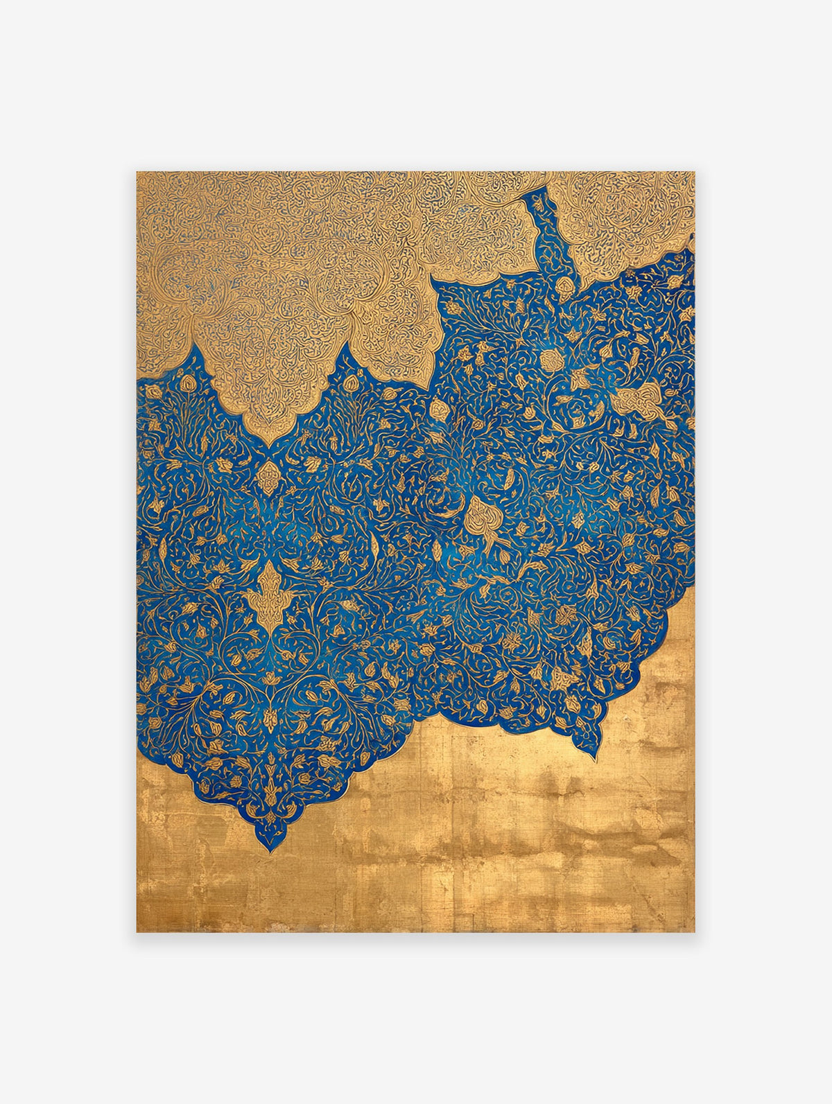Intricate blue and gold Islamic wall art with detailed patterns and floral motifs, resembling a painting or print.