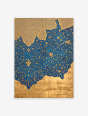 Intricate blue and gold Islamic wall art with detailed patterns and floral motifs, resembling a painting or print.