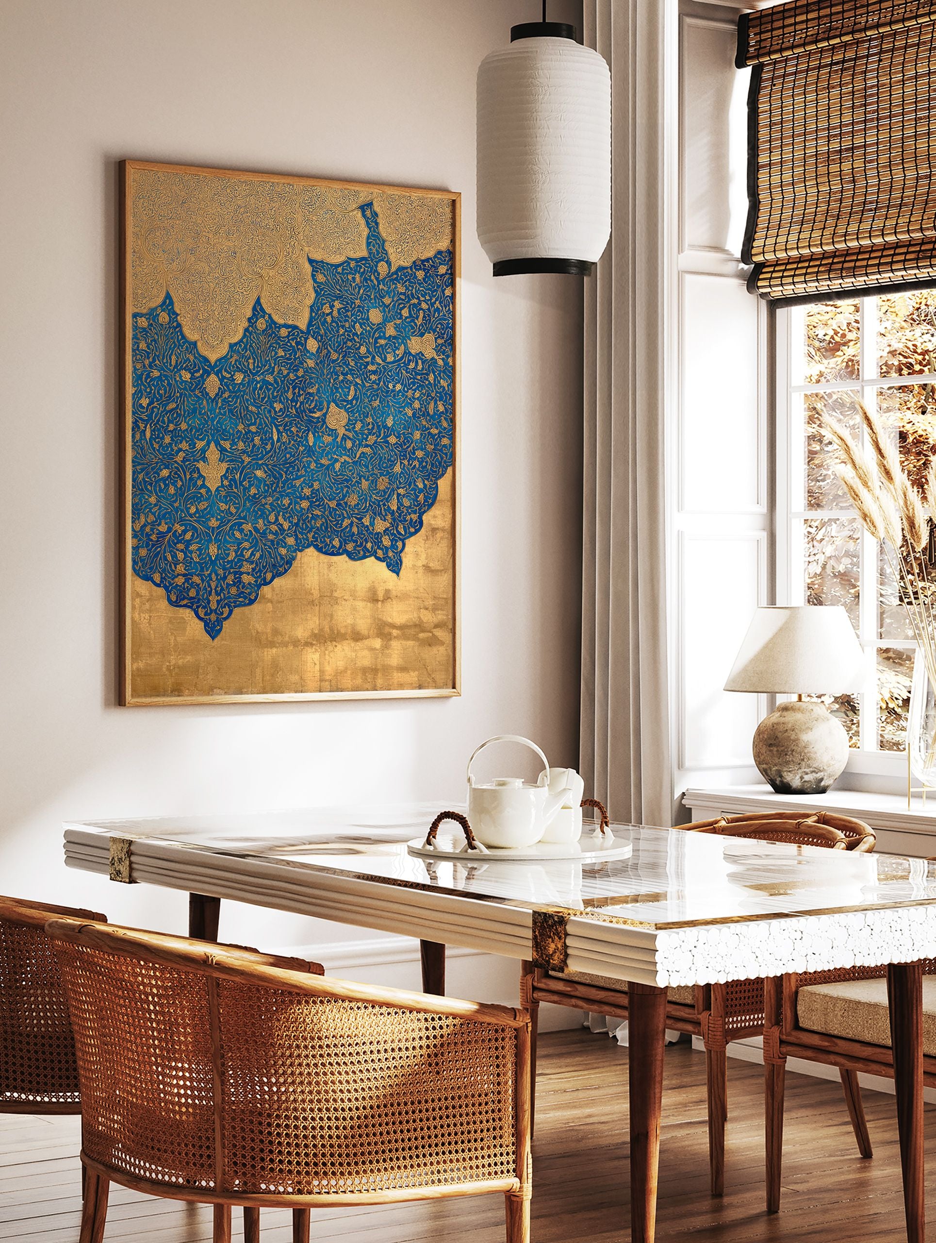 Intricate blue and gold Islamic wall art with detailed patterns and floral motifs, resembling a painting or print. - Image 2