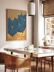 Intricate blue and gold Islamic wall art with detailed patterns and floral motifs, resembling a painting or print. - Image 2