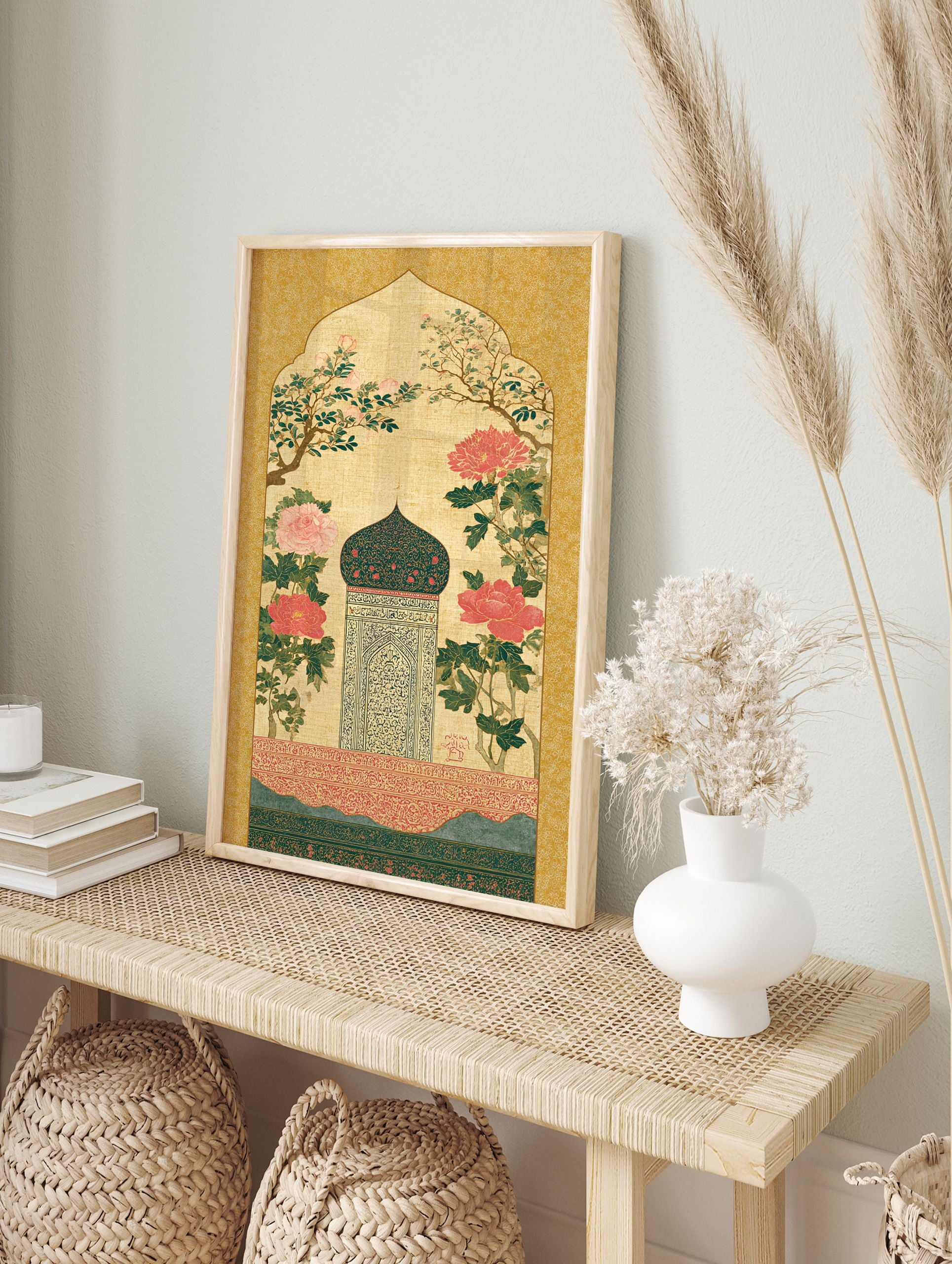 Islamic wall art print with a mihrab arch, teal dome, gold background, pink flowers, green leaves, and Arabic calligraphy. - Image 3