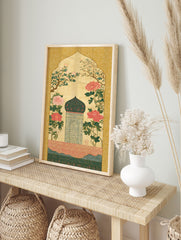 Islamic wall art print with a mihrab arch, teal dome, gold background, pink flowers, green leaves, and Arabic calligraphy. - Image 3