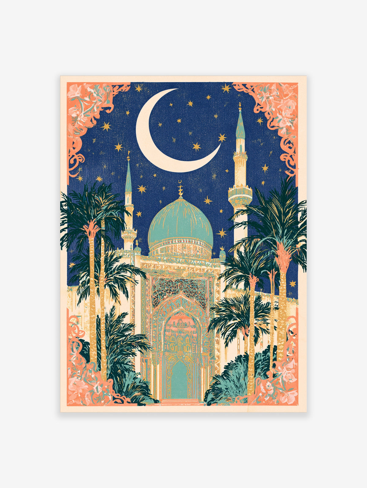 Teal mosque with crescent moon and stars Islamic art print