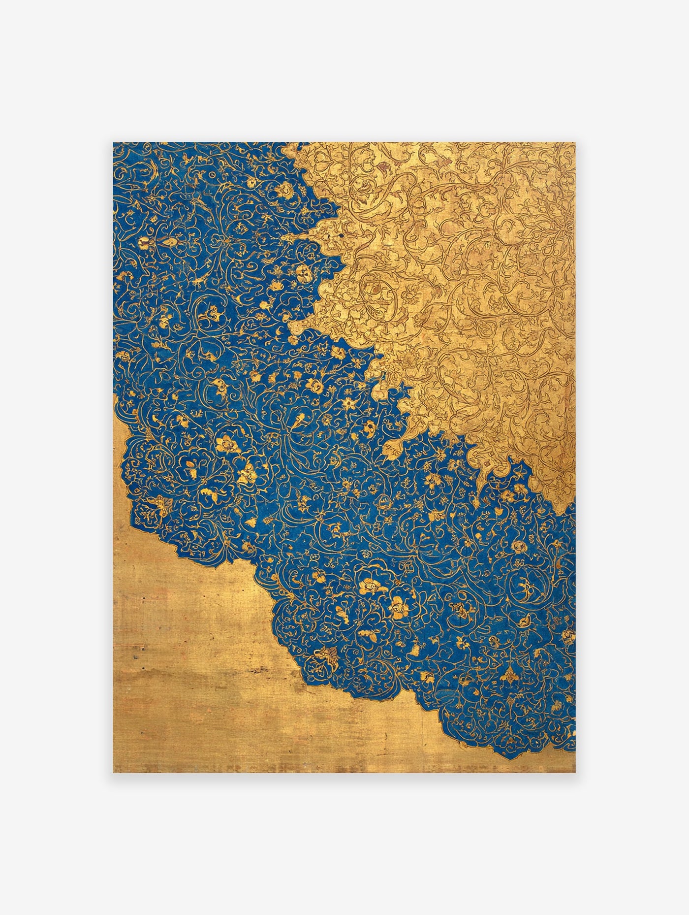 Intricate gold botanical patterns on a vibrant blue and gold Islamic wall art print, featuring a wavy dividing line.