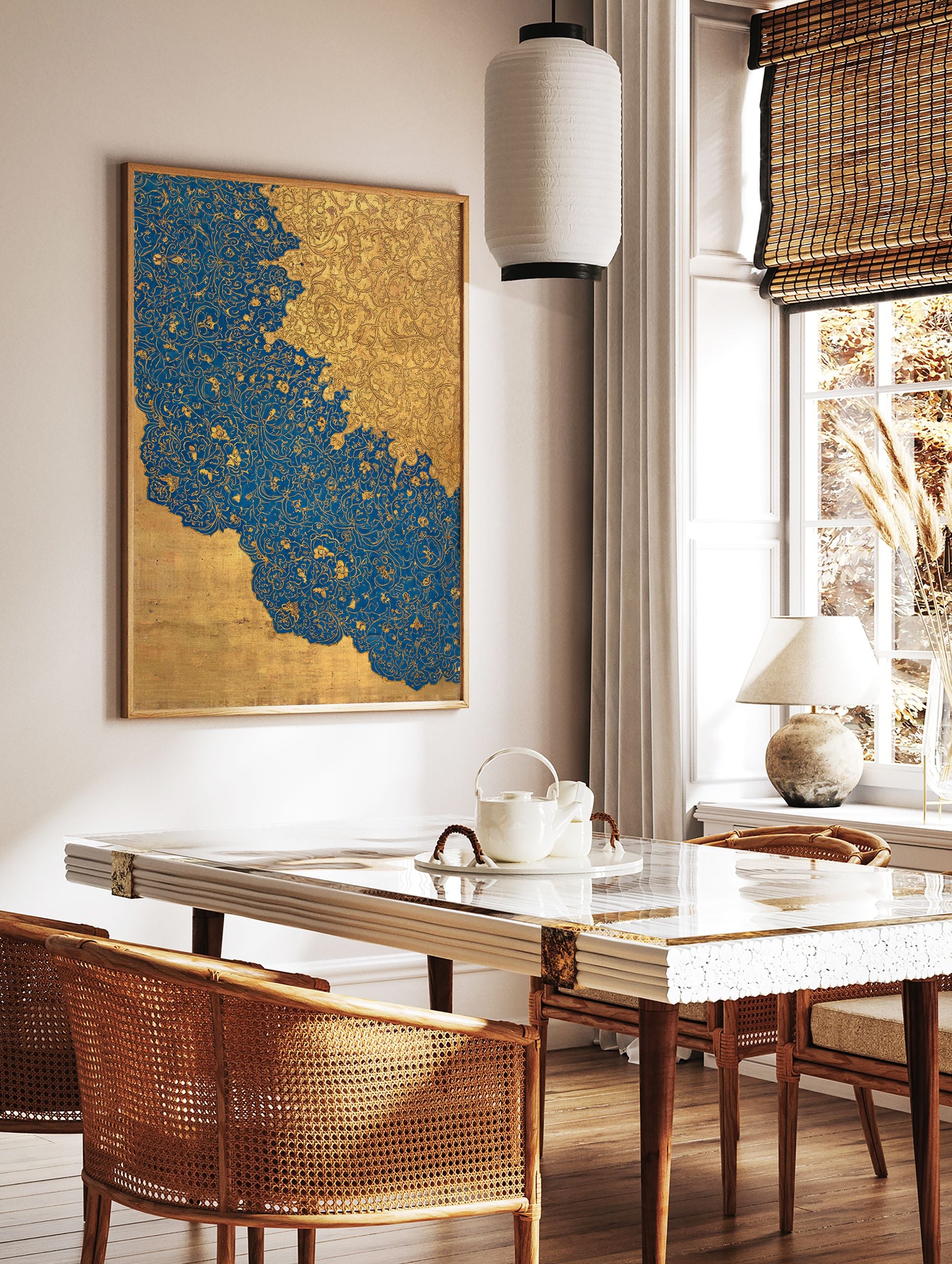 Intricate gold botanical patterns on a vibrant blue and gold Islamic wall art print, featuring a wavy dividing line. - Image 2