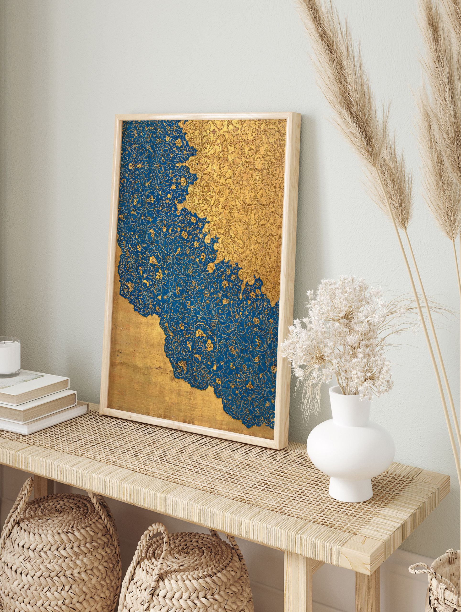 Intricate gold botanical patterns on a vibrant blue and gold Islamic wall art print, featuring a wavy dividing line. - Image 3