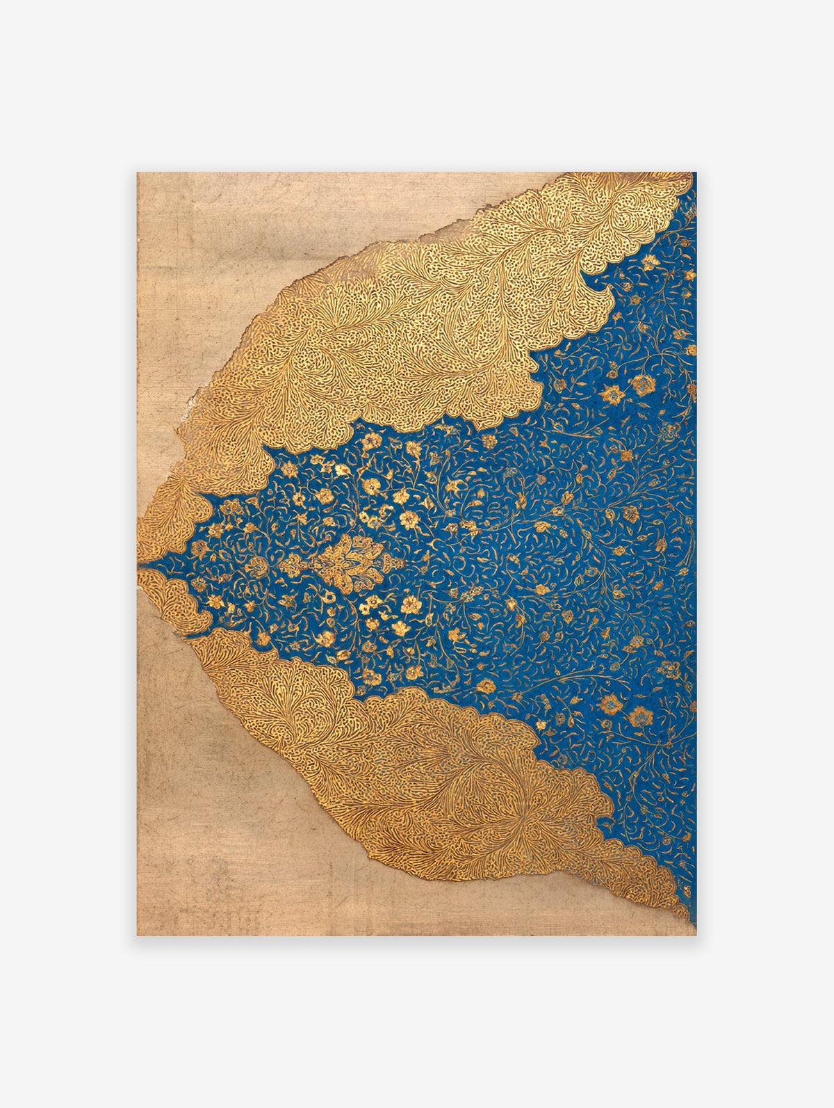 Ornate gold and blue Islamic wall art print with intricate floral motifs and textured gold paper overlay, Persian style.