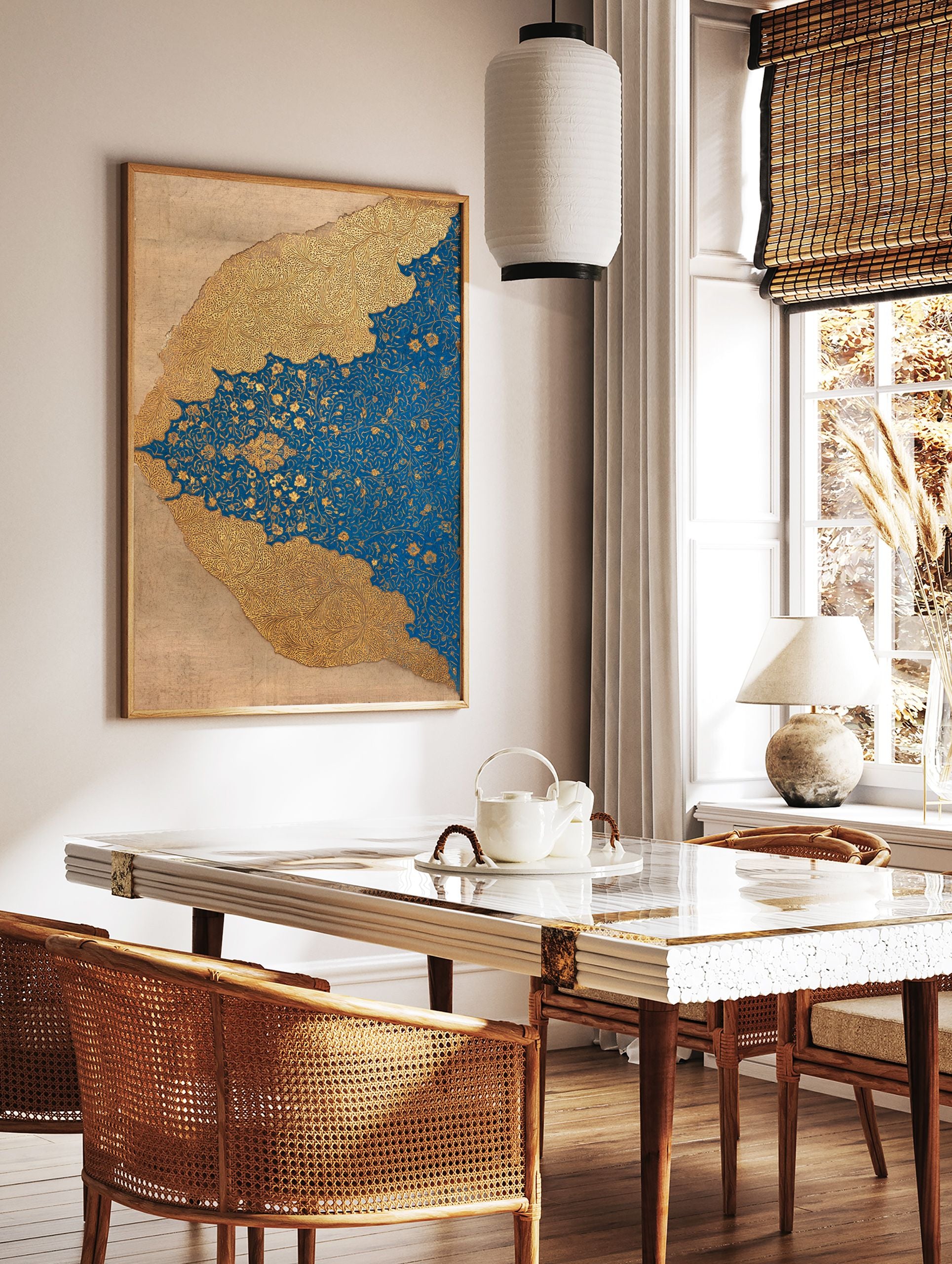 Ornate gold and blue Islamic wall art print with intricate floral motifs and textured gold paper overlay, Persian style. - Image 2