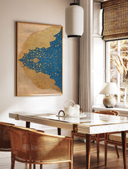 Ornate gold and blue Islamic wall art print with intricate floral motifs and textured gold paper overlay, Persian style. - Image 2