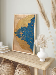 Ornate gold and blue Islamic wall art print with intricate floral motifs and textured gold paper overlay, Persian style. - Image 3