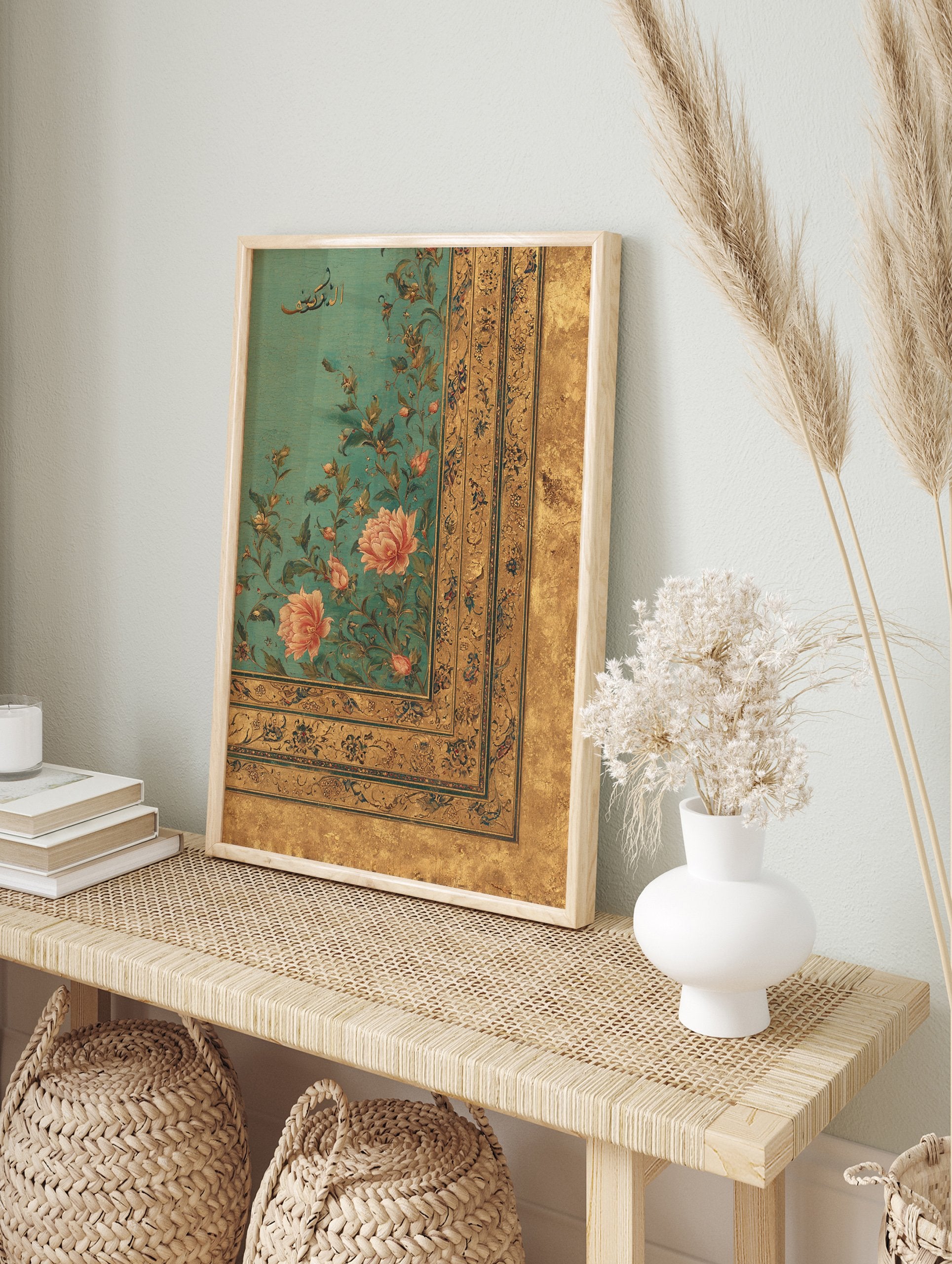 Islamic botanical wall art with pink peonies, green leaves, gold borders, and Arabic calligraphy on a teal background - Image 3