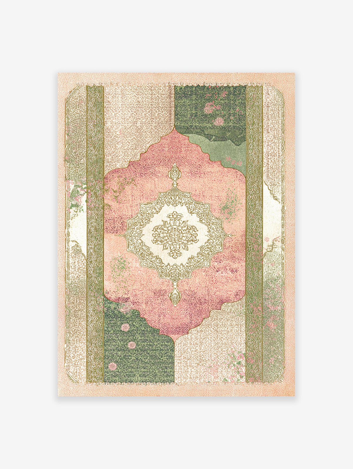 Islamic wall art print with a pink and green Persian prayer rug design, featuring a central floral medallion on a textured background.