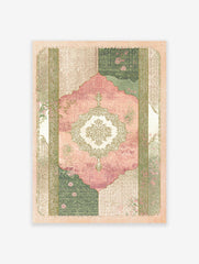 Islamic wall art print with a pink and green Persian prayer rug design, featuring a central floral medallion on a textured background.