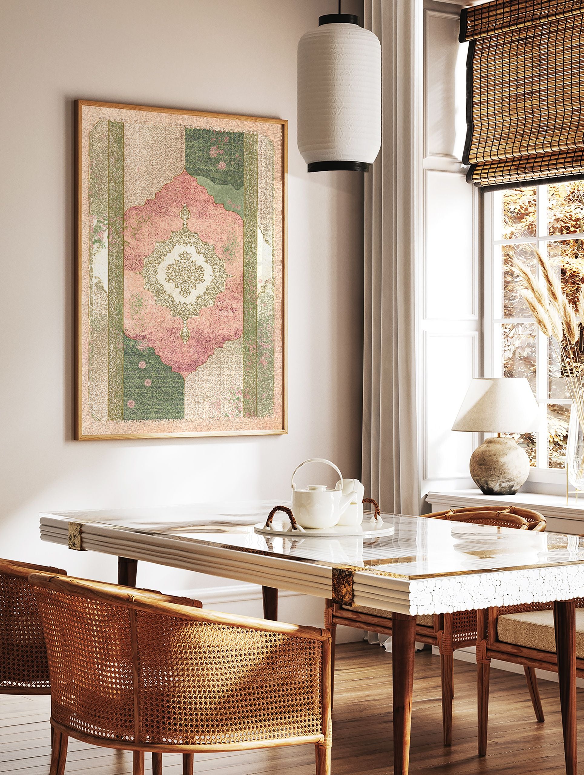 Islamic wall art print with a pink and green Persian prayer rug design, featuring a central floral medallion on a textured background. - Image 2