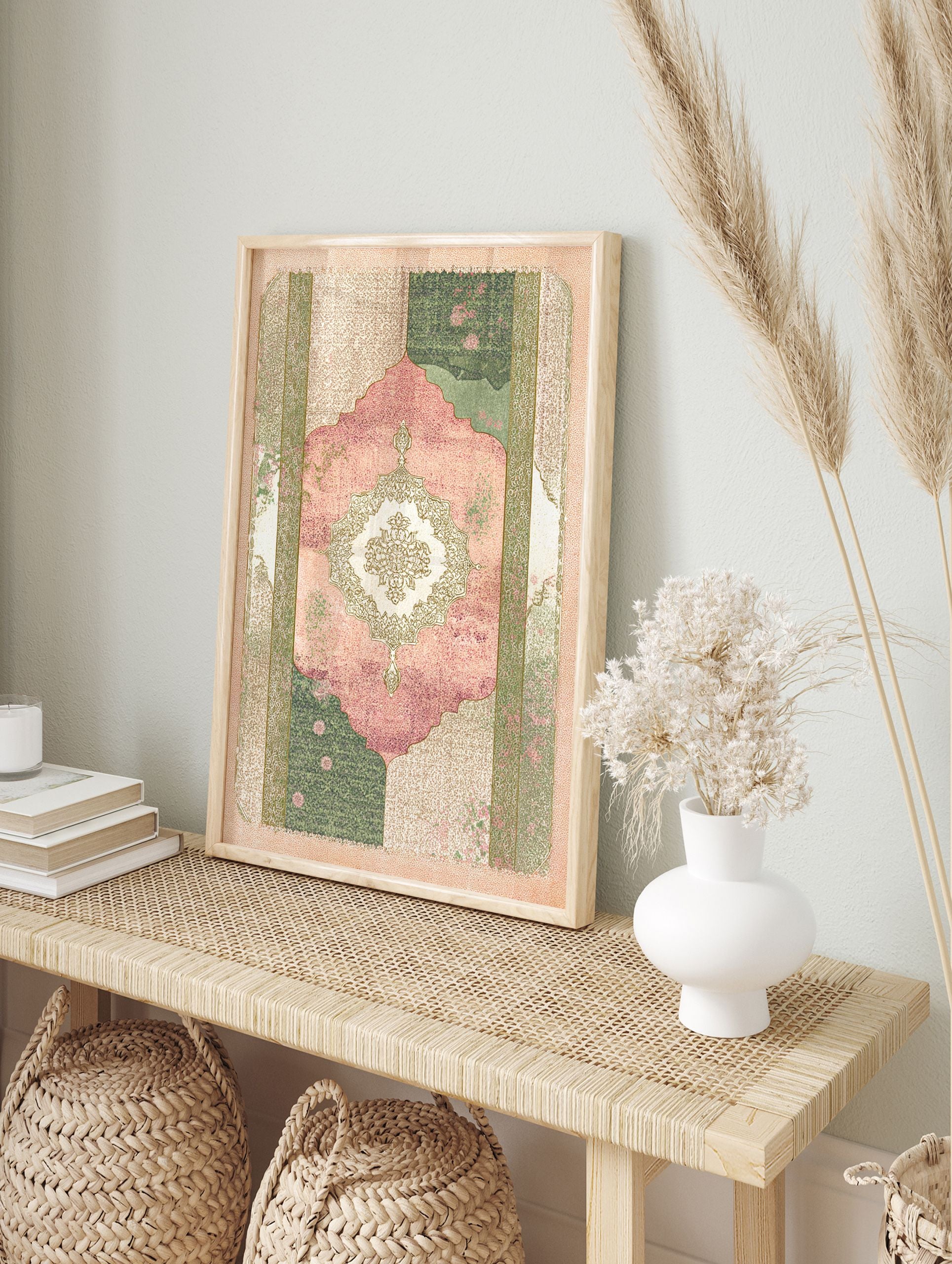 Islamic wall art print with a pink and green Persian prayer rug design, featuring a central floral medallion on a textured background. - Image 3