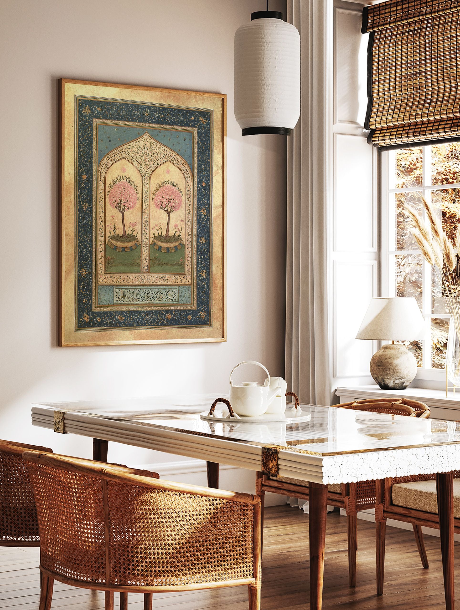 Islamic wall art print with two pink blossom trees in arched frames, gold details, dark blue border, and Arabic calligraphy. - Image 2