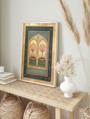 Islamic wall art print with two pink blossom trees in arched frames, gold details, dark blue border, and Arabic calligraphy. - Image 3