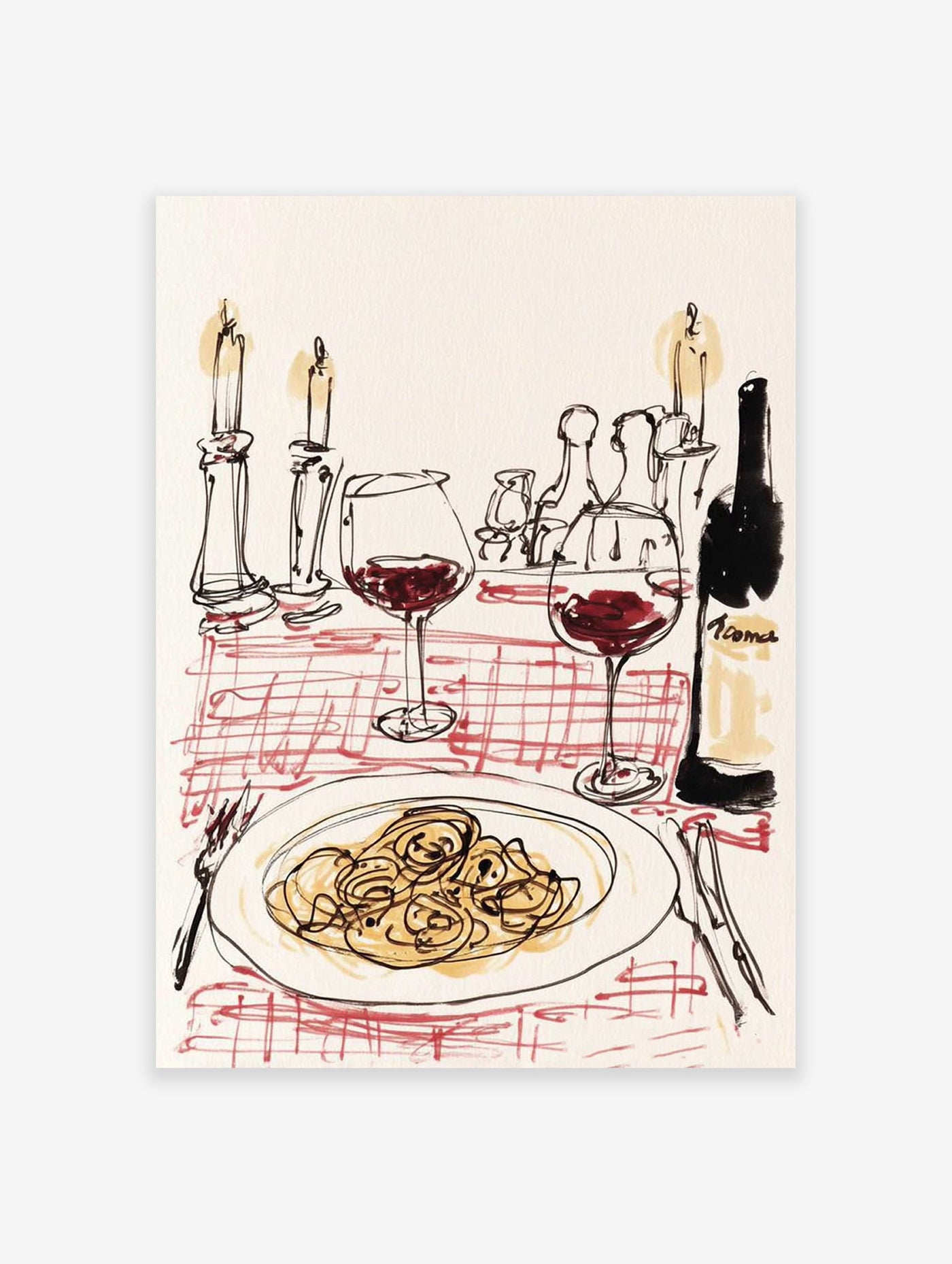 Italian dinner art print illustration of pasta, red wine, candles, and a checkered tablecloth on a white background.