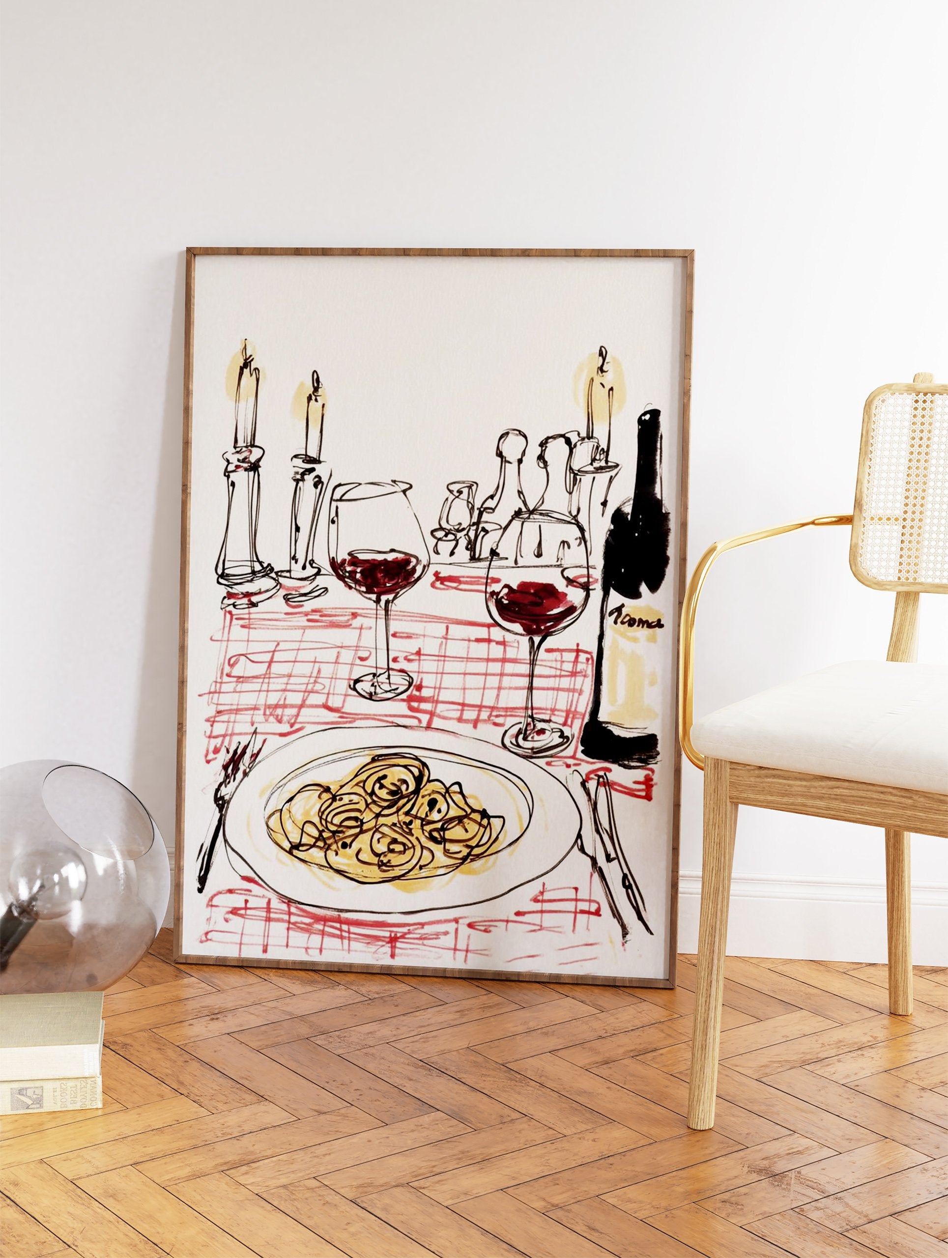 Italian dinner art print illustration of pasta, red wine, candles, and a checkered tablecloth on a white background. - Image 2