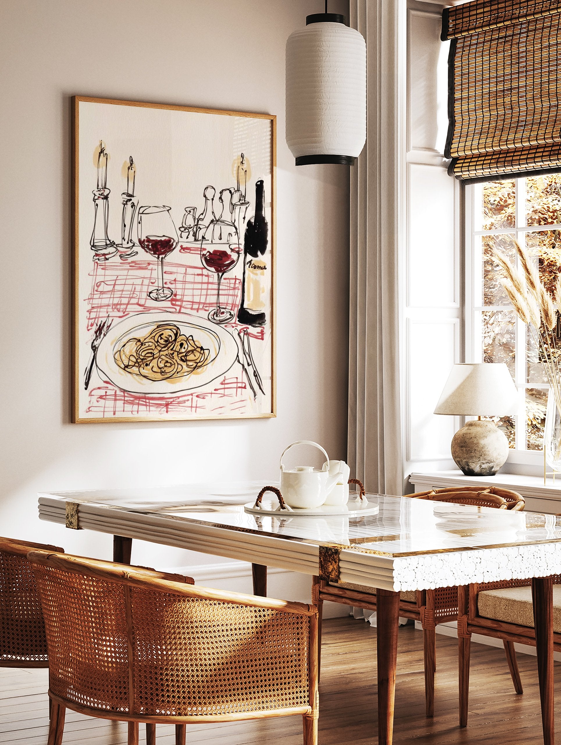 Italian dinner art print illustration of pasta, red wine, candles, and a checkered tablecloth on a white background. - Image 3