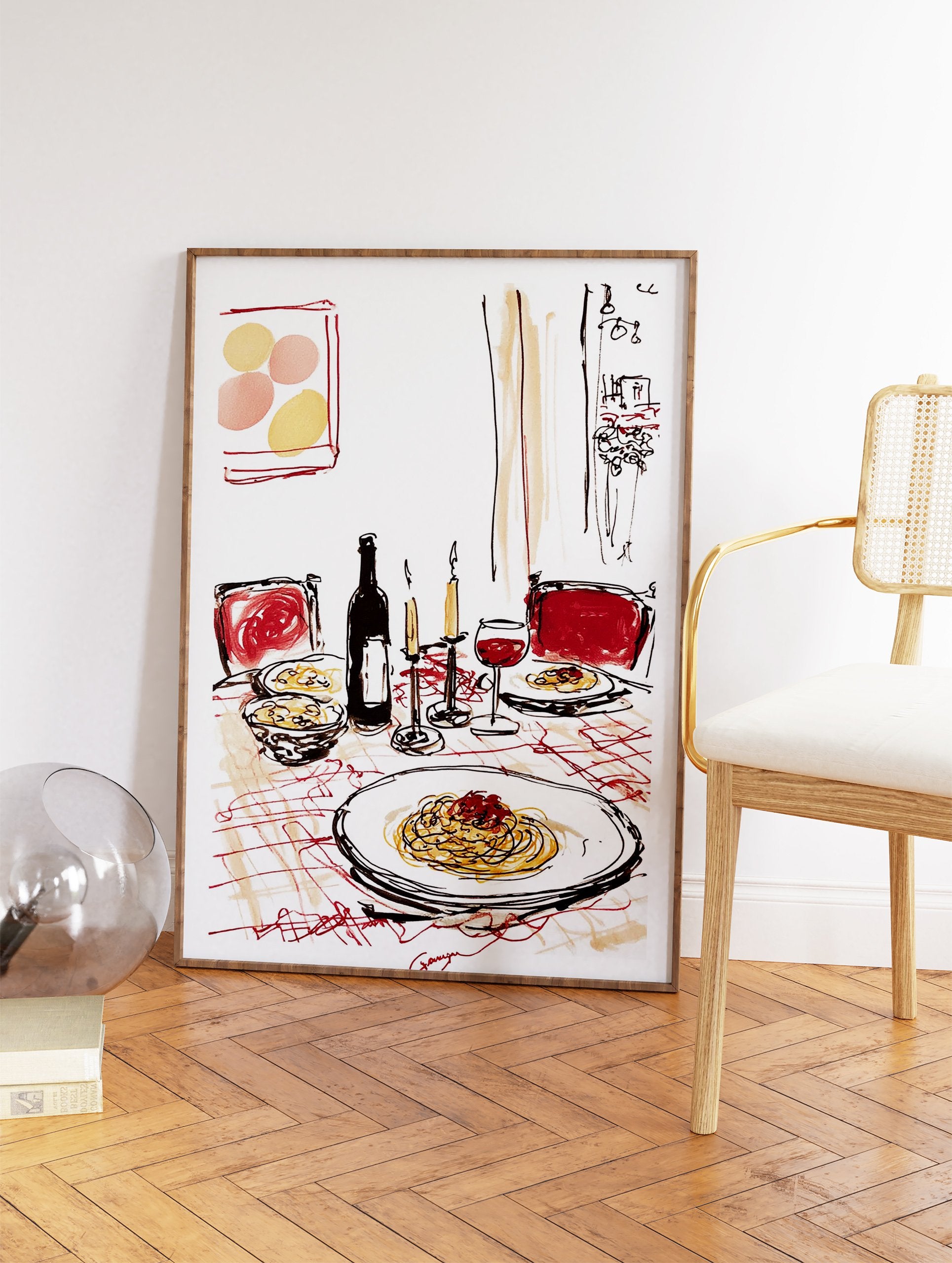 Illustrative print of a romantic Italian dinner table with spaghetti, wine, and candles, featuring red chairs. - Image 2