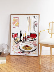 Illustrative print of a romantic Italian dinner table with spaghetti, wine, and candles, featuring red chairs. - Image 2