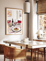 Illustrative print of a romantic Italian dinner table with spaghetti, wine, and candles, featuring red chairs. - Image 3