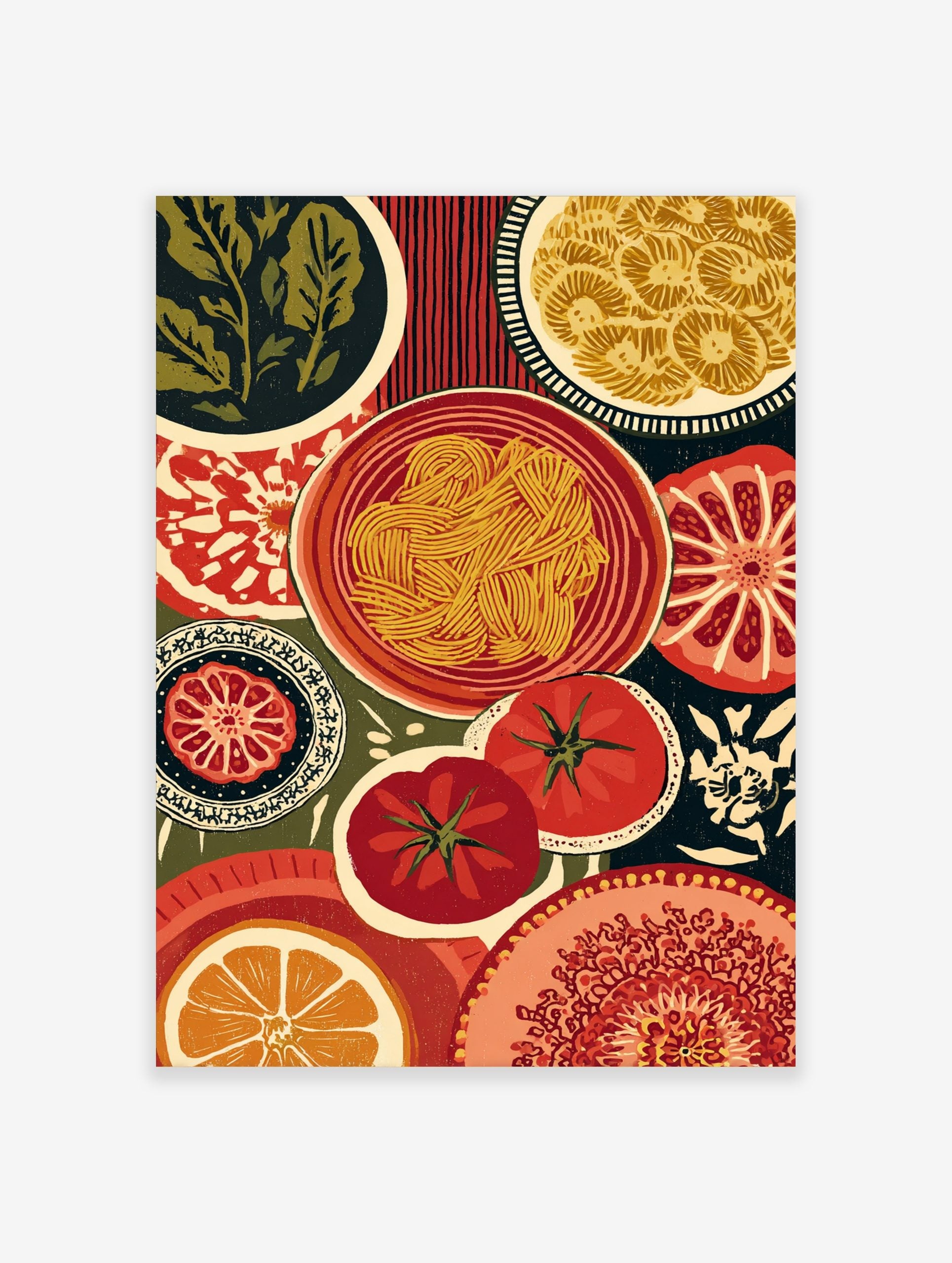 Illustrative Italian food art print with pasta bowl, sliced tomatoes, and greens in a woodcut style