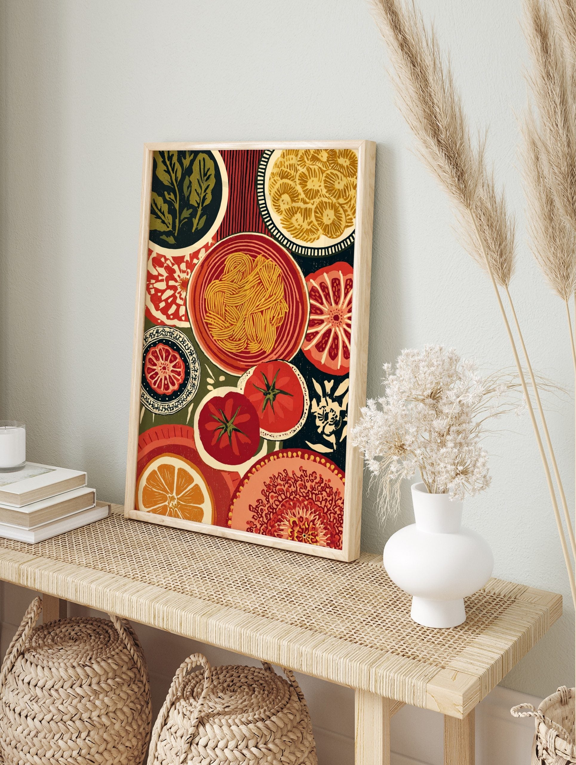 Illustrative Italian food art print with pasta bowl, sliced tomatoes, and greens in a woodcut, in an alternate framed mockup