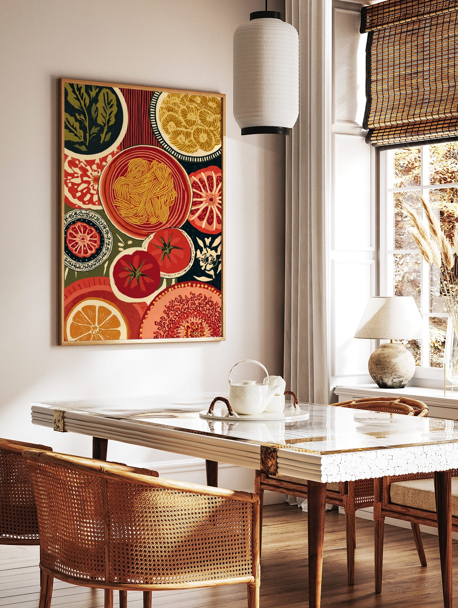 Illustrative Italian food art print with pasta bowl, sliced tomatoes, and greens in a woodcut style, in a styled room mockup