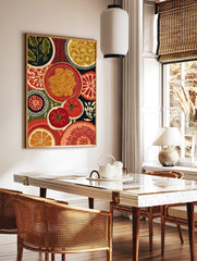 Illustrative Italian food art print with pasta bowl, sliced tomatoes, and greens in a woodcut style, in a styled room mockup