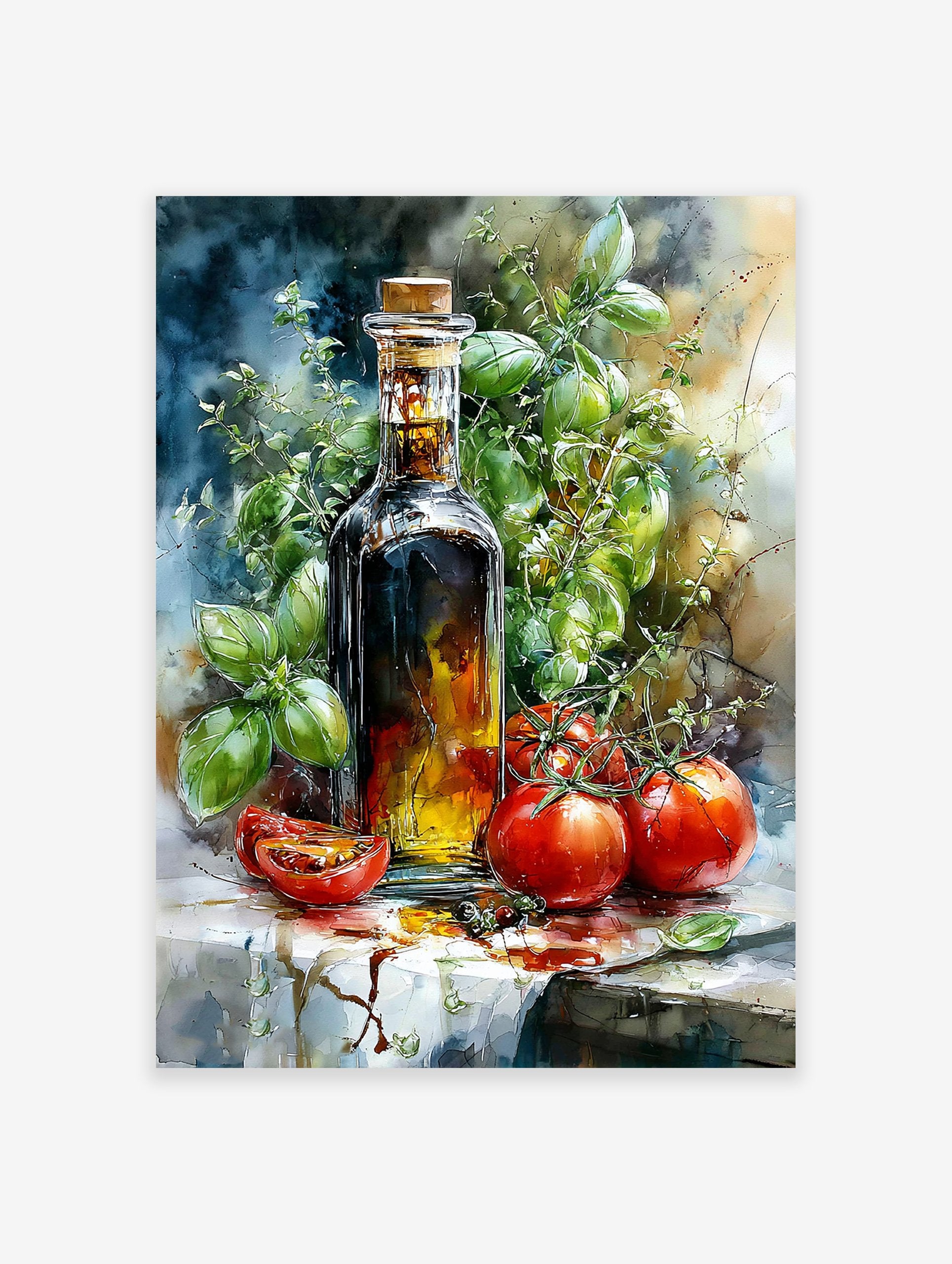 Italian Kitchen Poster of watercolor olive oil bottle, fresh green basil, and red tomatoes on a white surface.