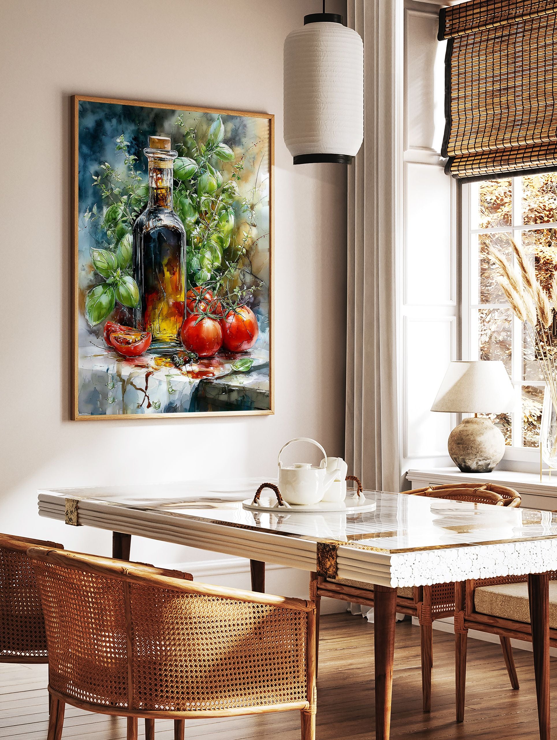 Italian Kitchen Poster of watercolor olive oil bottle, fresh green basil, and red tomatoes on a white surface. - Image 2