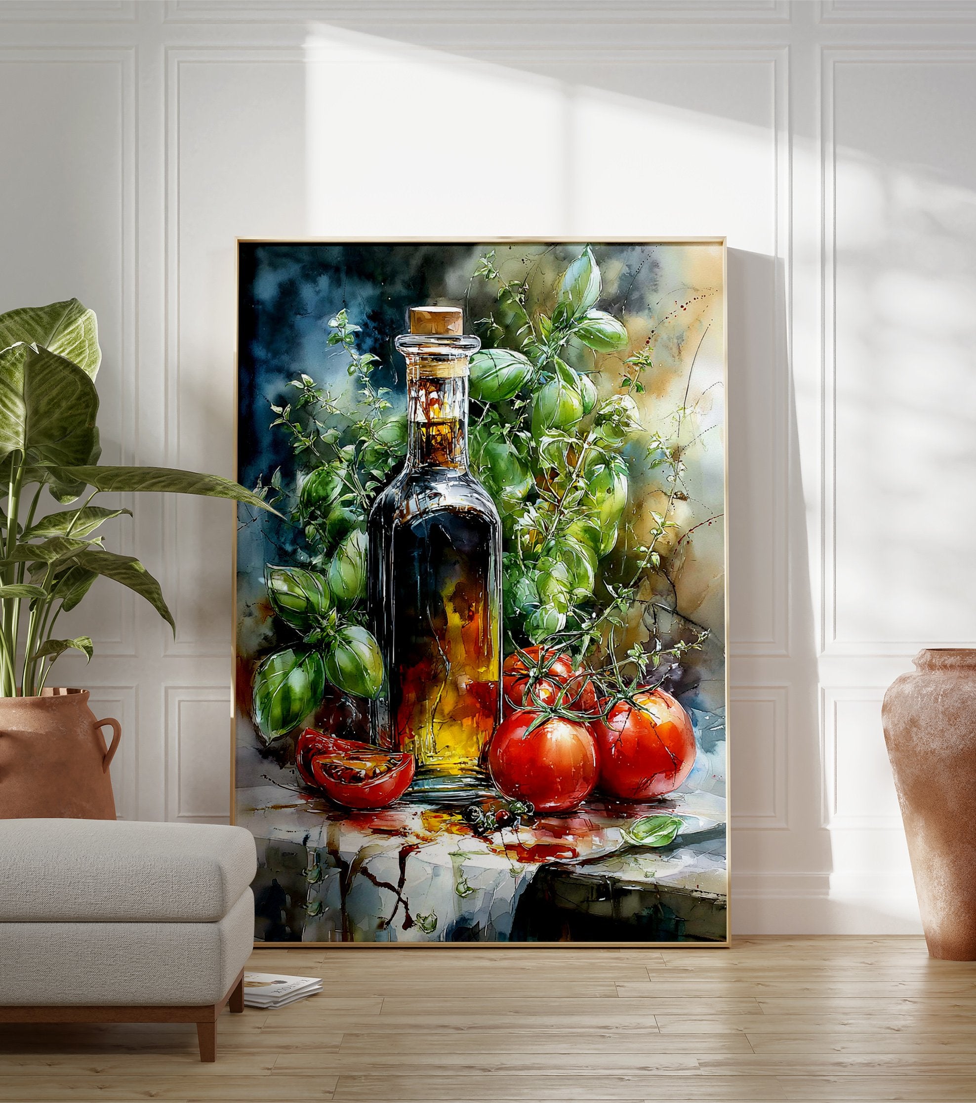 Italian Kitchen Poster of watercolor olive oil bottle, fresh green basil, and red tomatoes on a white surface. - Image 3