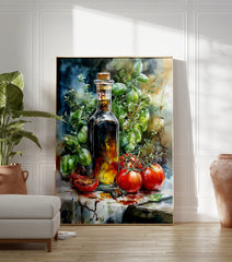 Italian Kitchen Poster of watercolor olive oil bottle, fresh green basil, and red tomatoes on a white surface. - Image 3