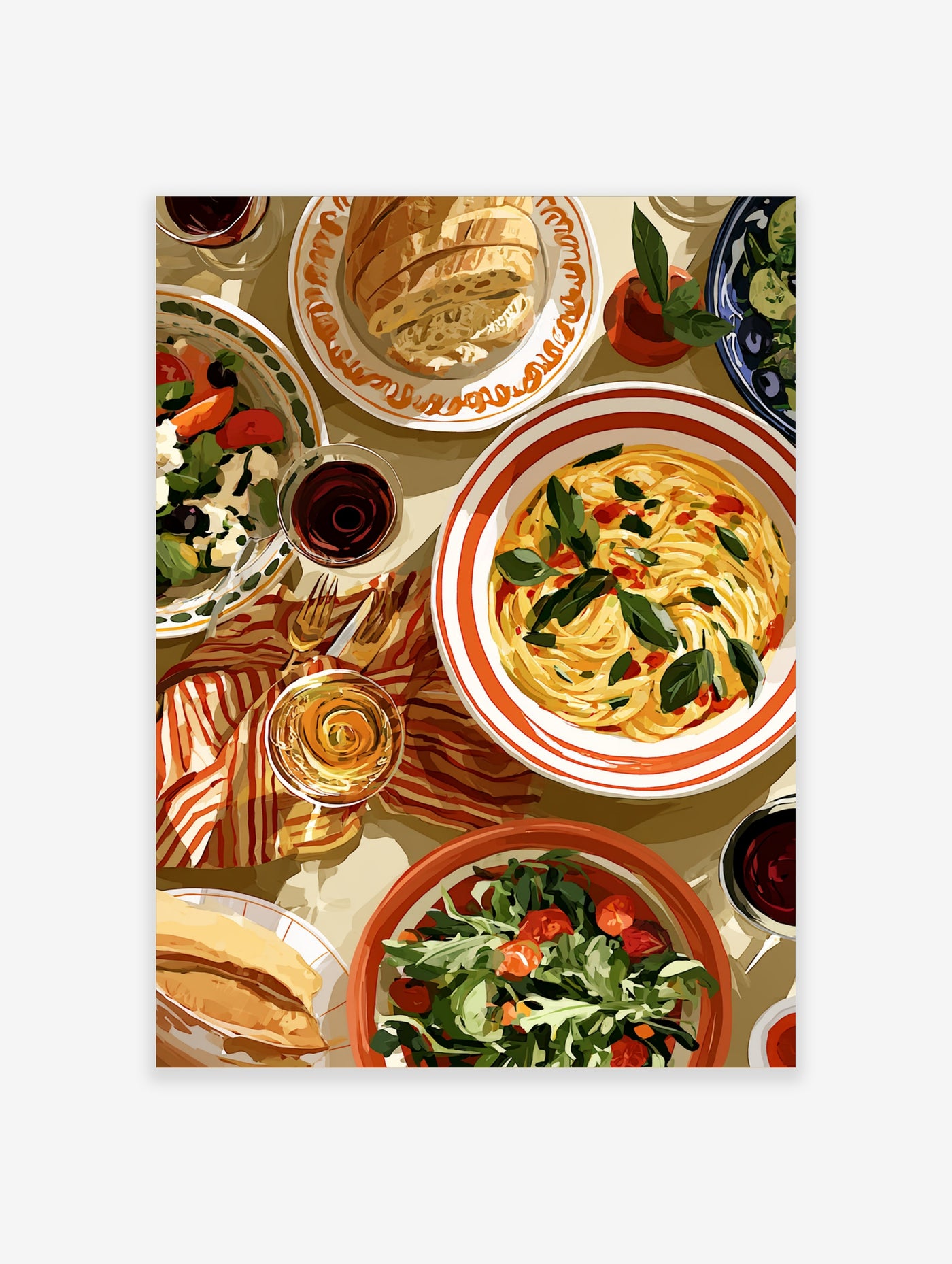 Top-down view of a Mediterranean dinner table with spaghetti, salad, bread, and wine in an illustrative style