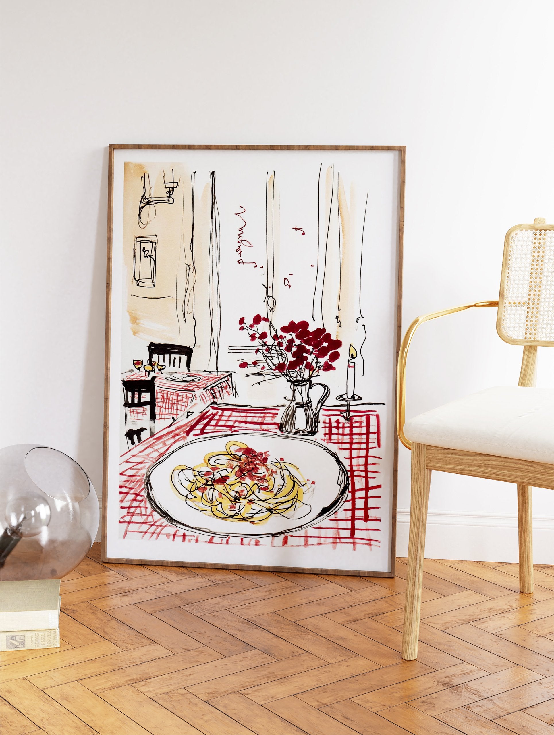 Illustration of an Italian restaurant scene with a plate of pasta, red checkered tablecloth, vase of berries, and candle. - Image 2