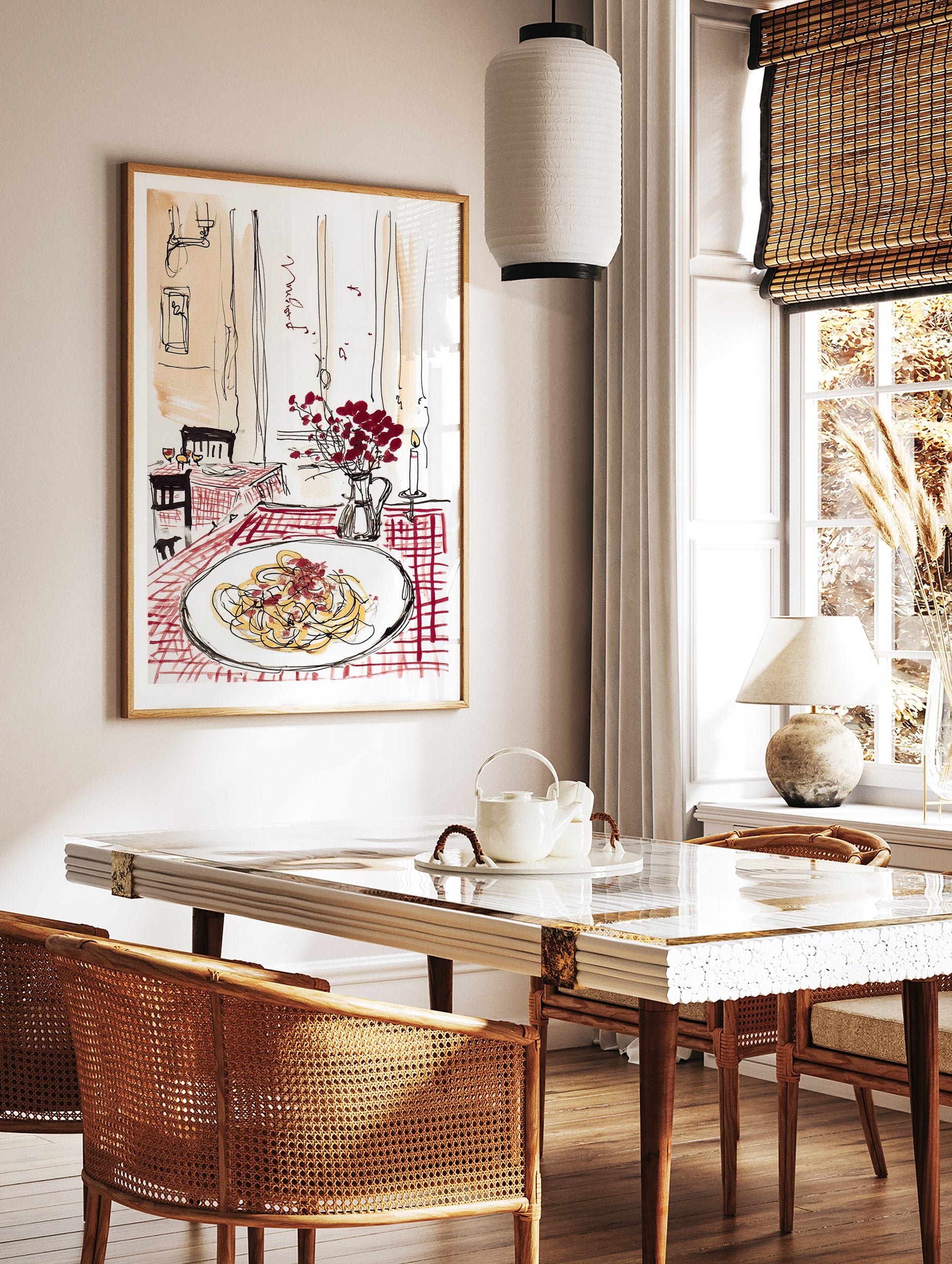Illustration of an Italian restaurant scene with a plate of pasta, red checkered tablecloth, vase of berries, and candle. - Image 3