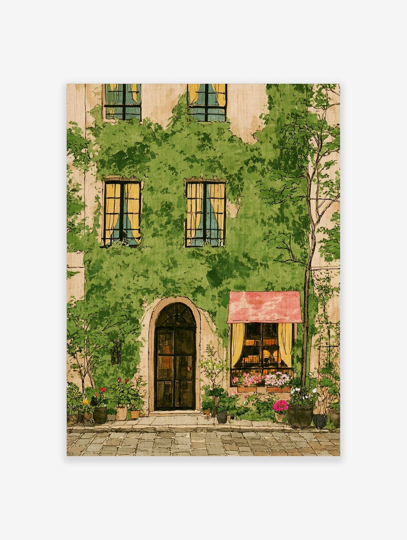 Illustrative print of an ivy-covered shop building with a red awning and potted plants on a cobblestone street