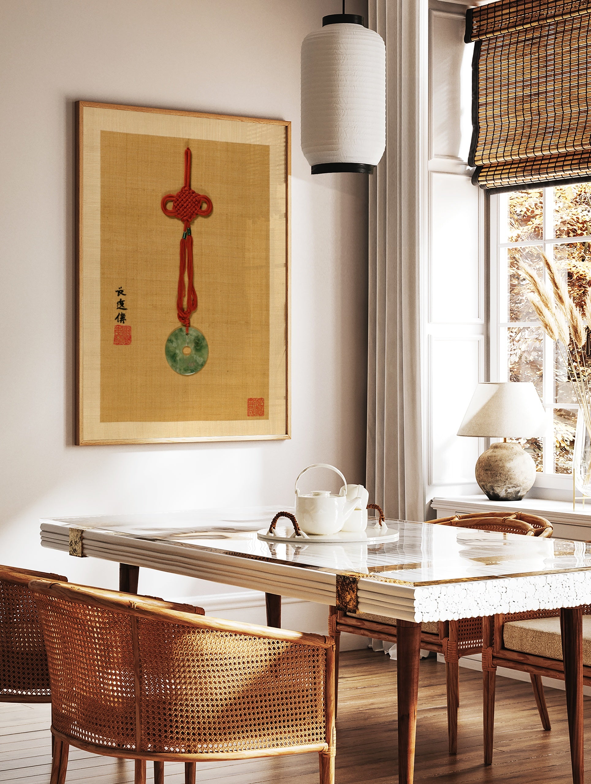 Jade bi pendant with red knot and calligraphy on tan textured background, in a styled room mockup