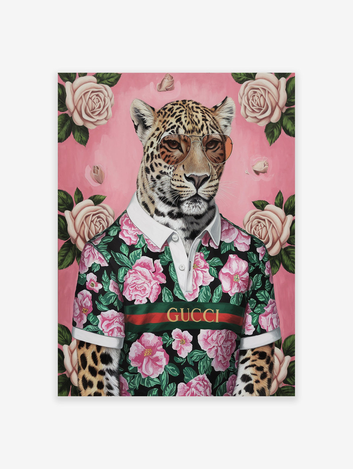 A stylish jaguar poster wearing a black floral shirt with pink roses and sunglasses, set against a pink background with white roses.