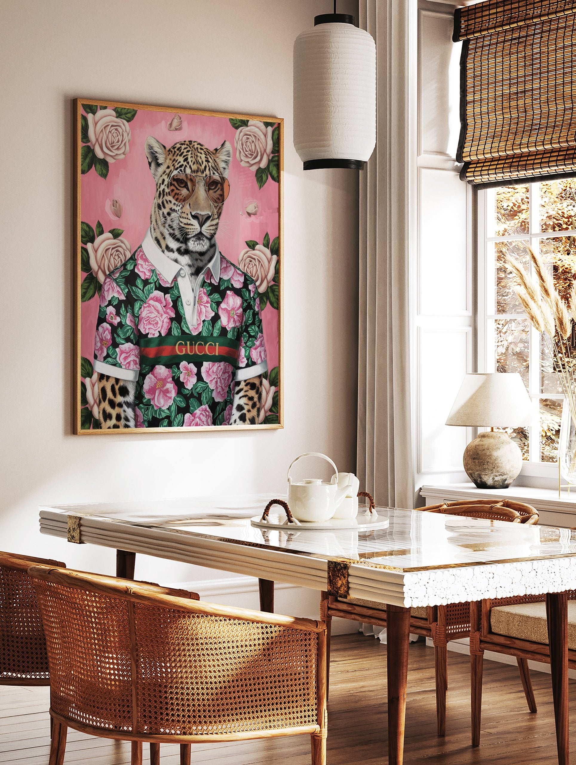 A stylish jaguar poster wearing a black floral shirt with pink roses and sunglasses, set against a pink background with white roses. - Image 2