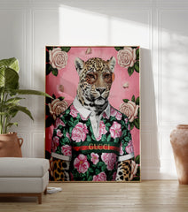 A stylish jaguar poster wearing a black floral shirt with pink roses and sunglasses, set against a pink background with white roses. - Image 3