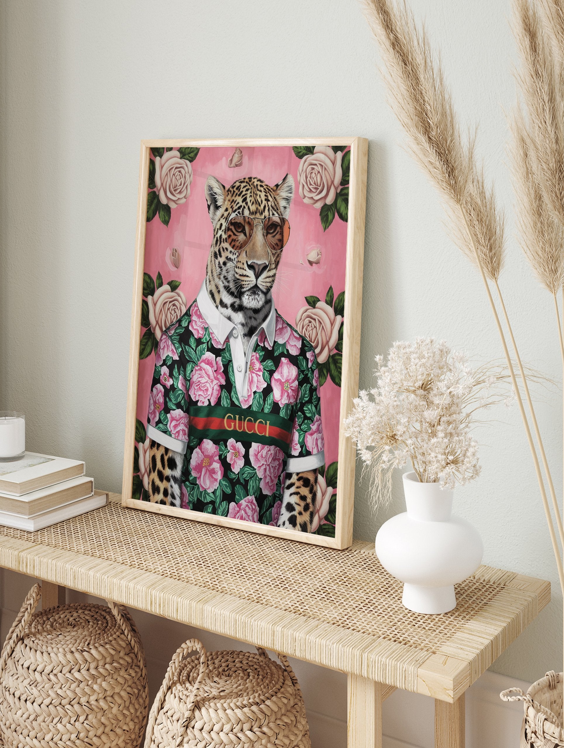 A stylish jaguar poster wearing a black floral shirt with pink roses and sunglasses, set against a pink background with white roses. - Image 4