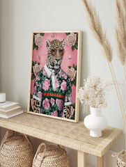 A stylish jaguar poster wearing a black floral shirt with pink roses and sunglasses, set against a pink background with white roses. - Image 4