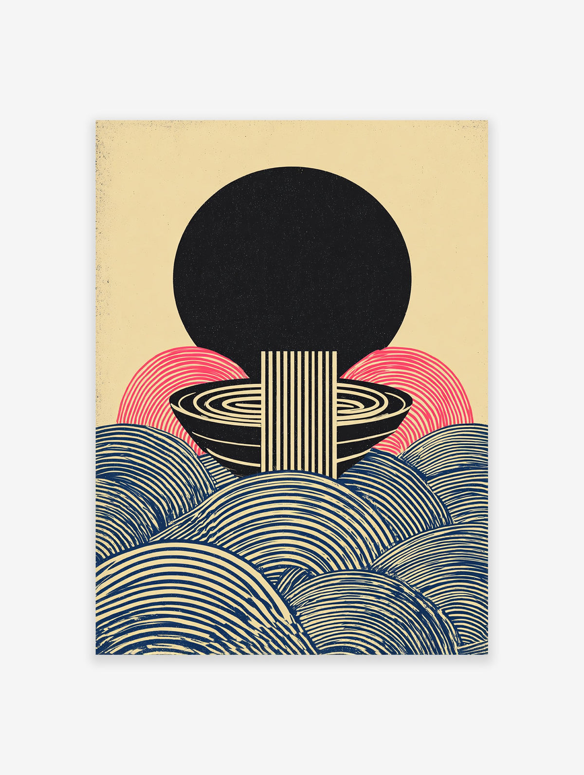 Japanese abstract poster with a large black sun, pink arches, black and blue striped waves, and a central minimalist noodle bowl design.